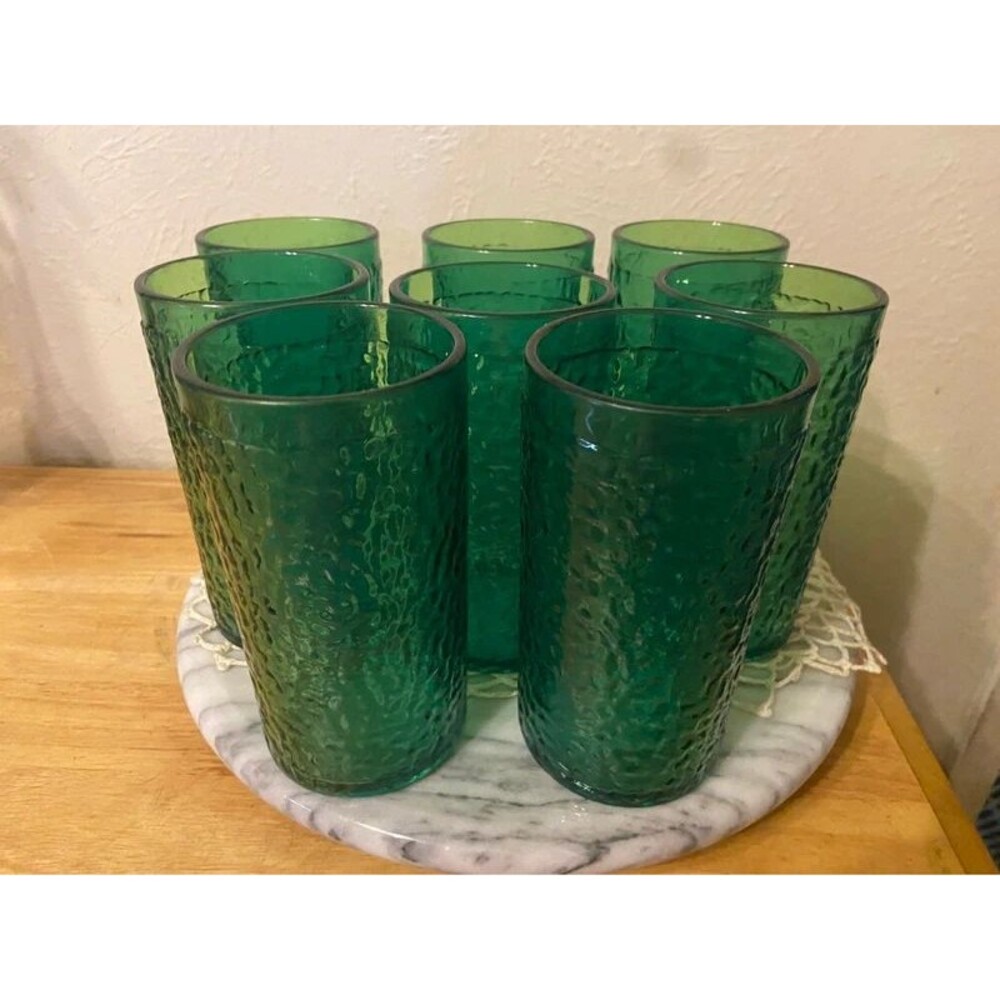 Vintage Mid-Century PMC Freeze Green Textured Plastic Tumblers - Set of 8 Retro